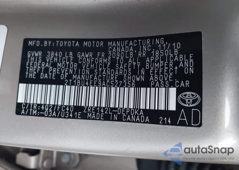 2010 Toyota Corolla Le из США, поврежденный, VIN 2T1BU4EE9AC527356